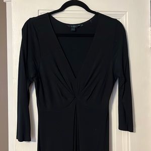 Black Faux Wrap Dress/ Vneck 3/4 Sleeve Knee Length Stretch.